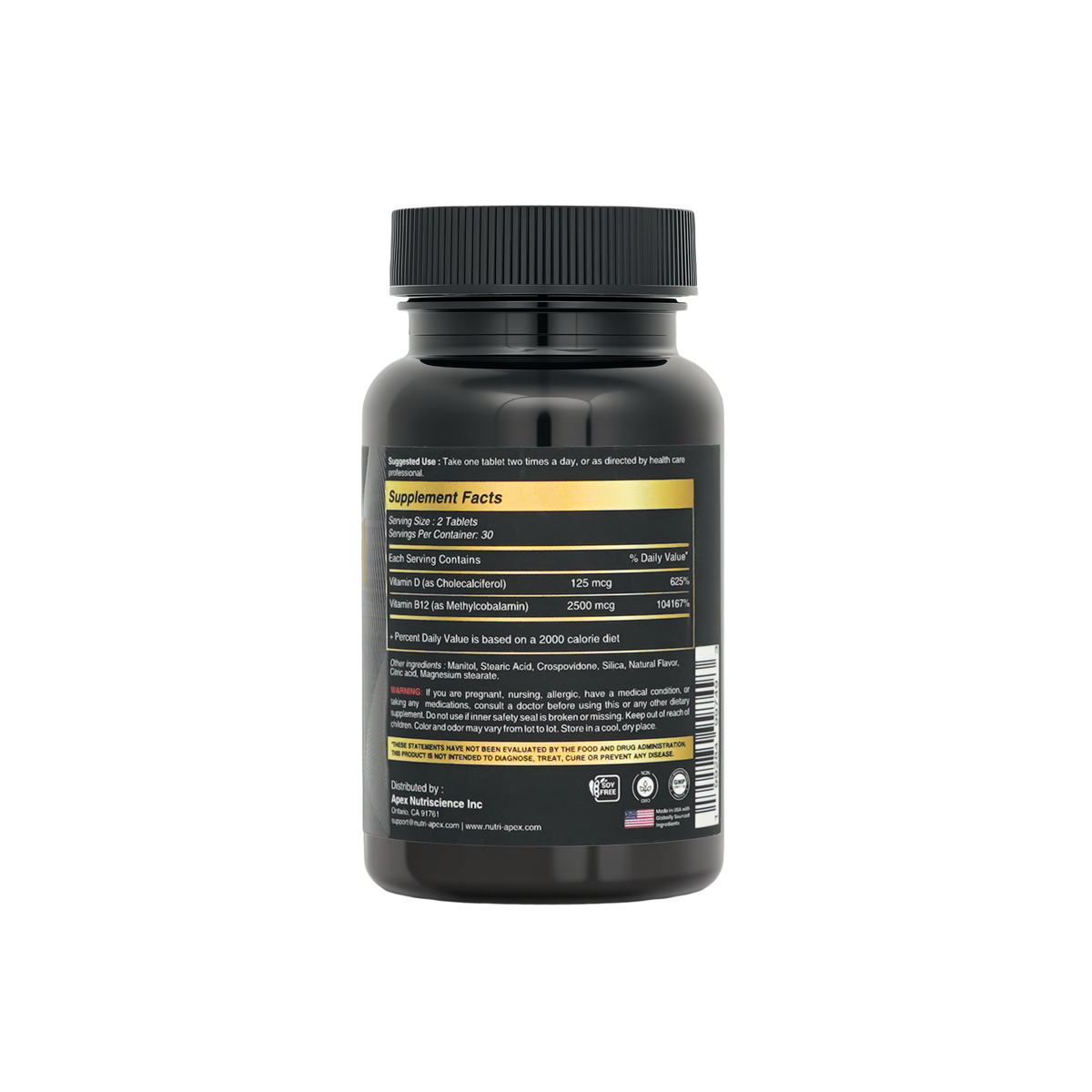 Back of Nutri Apex Vitamin B12 + D3 bottle showing supplement facts and ingredients