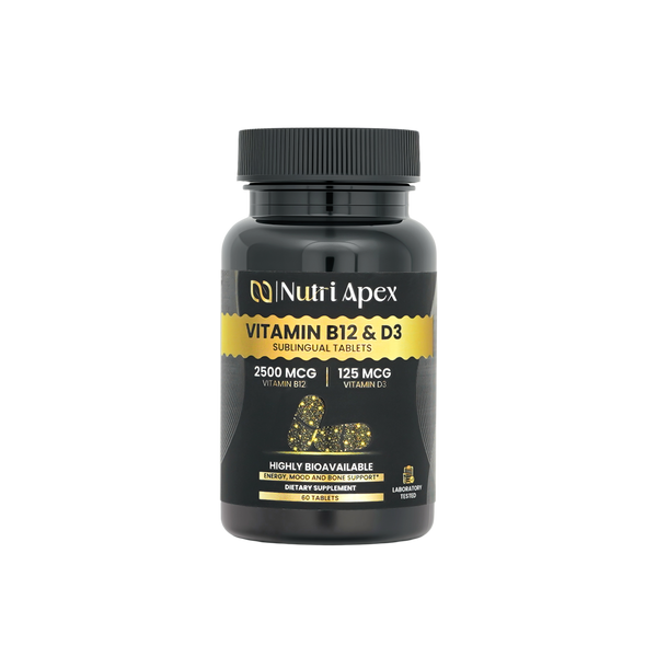 Nutri Apex Vitamin B12 + D3 supplement bottle front — 60 vegetarian tablets with methylcobalamin and cholecalciferol