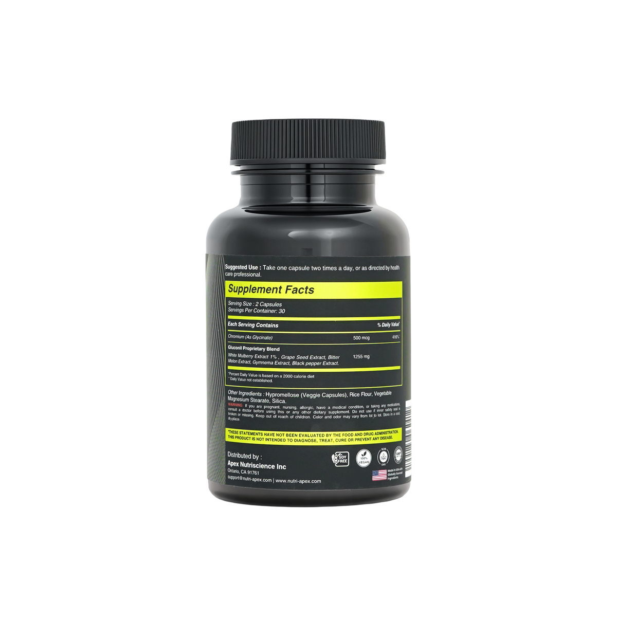 Back of Nutri Apex Gluconil bottle showing supplement facts and ingredients