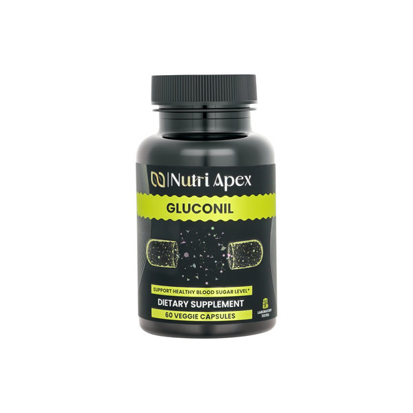 Nutri Apex Gluconil supplement bottle front — 60 vegetarian capsules for blood sugar and glucose metabolism support