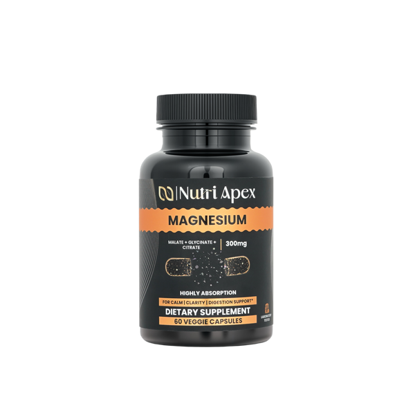 Nutri Apex Magnesium 3X Complex supplement bottle front — 60 tablets of magnesium glycinate, malate, and citrate