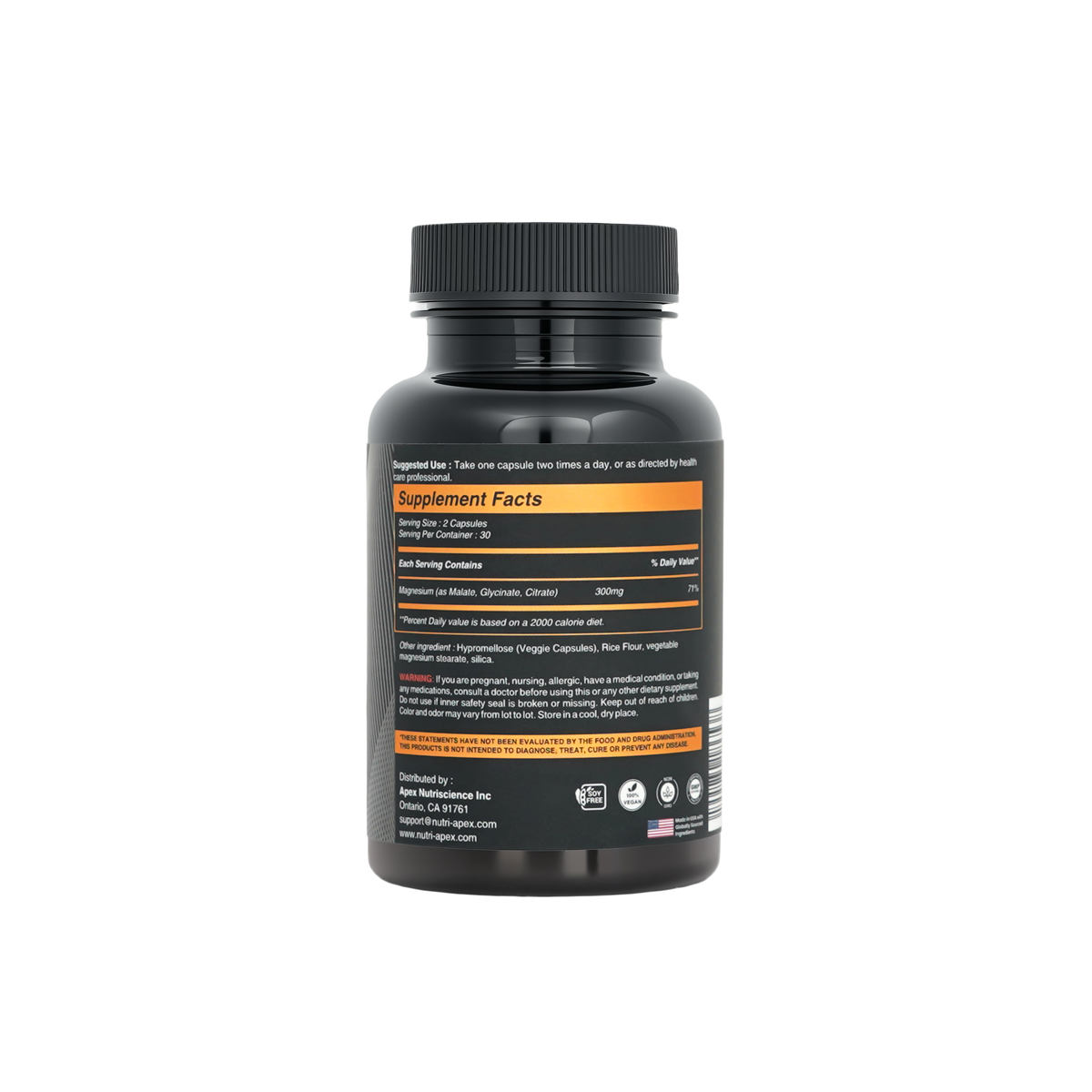 Back of Nutri Apex Magnesium 3X Complex bottle showing supplement facts and ingredients