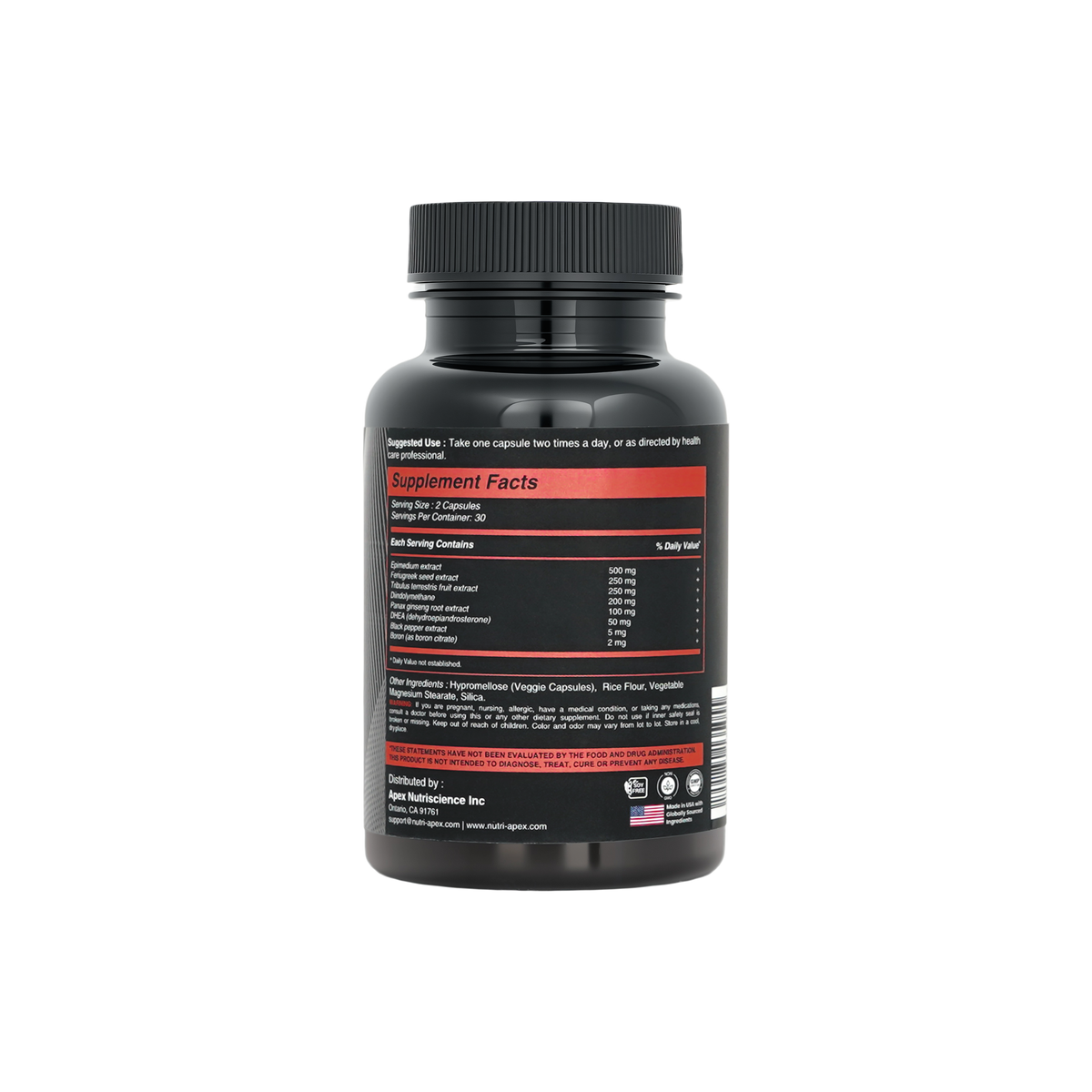Back of Nutri Apex T-Fuel bottle showing supplement facts and full ingredient panel
