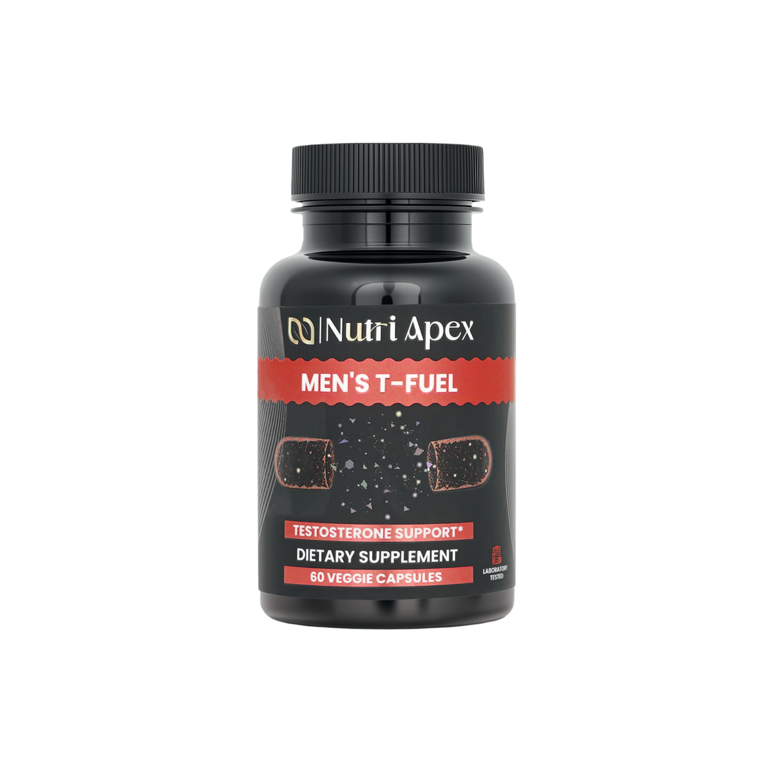 Nutri Apex T-Fuel Men's Testosterone Support bottle front — 60 vegetarian capsules with DHEA, Tribulus, and Fenugreek