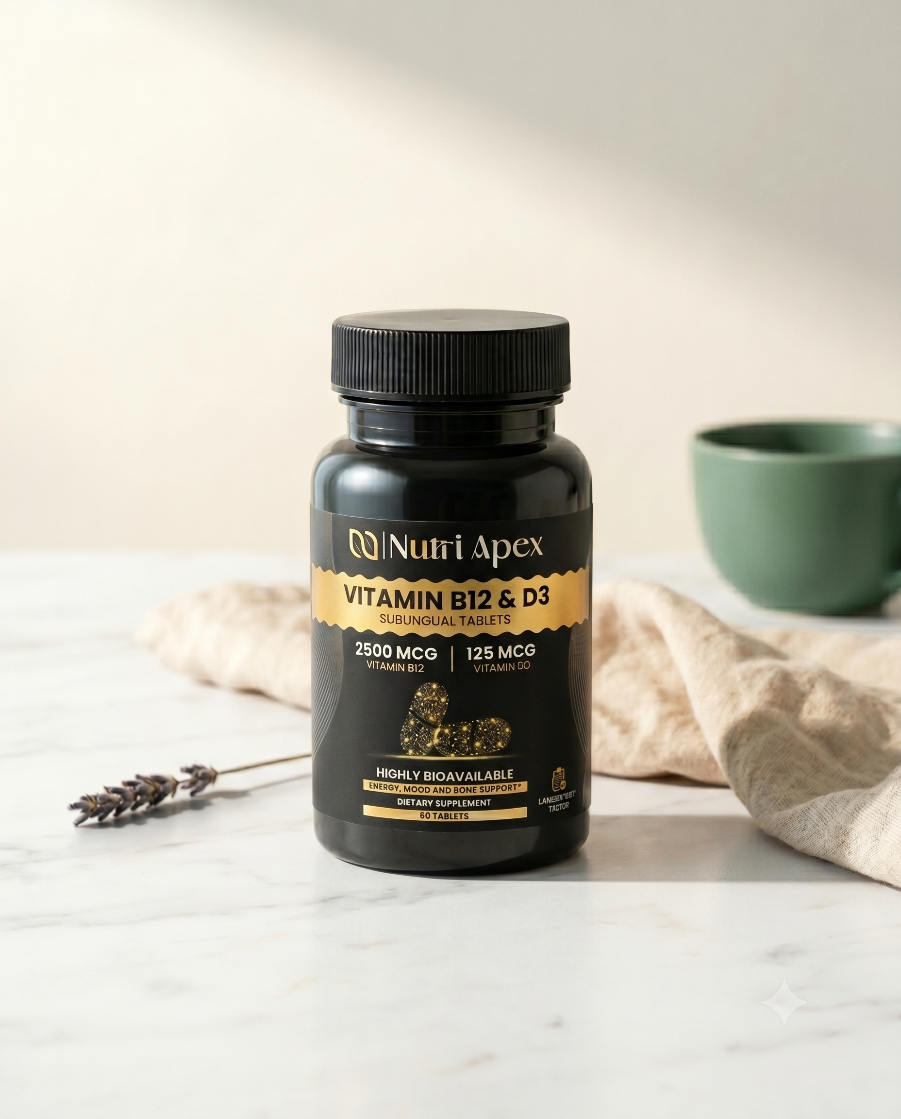 Nutri Apex supplements on marble and linen
