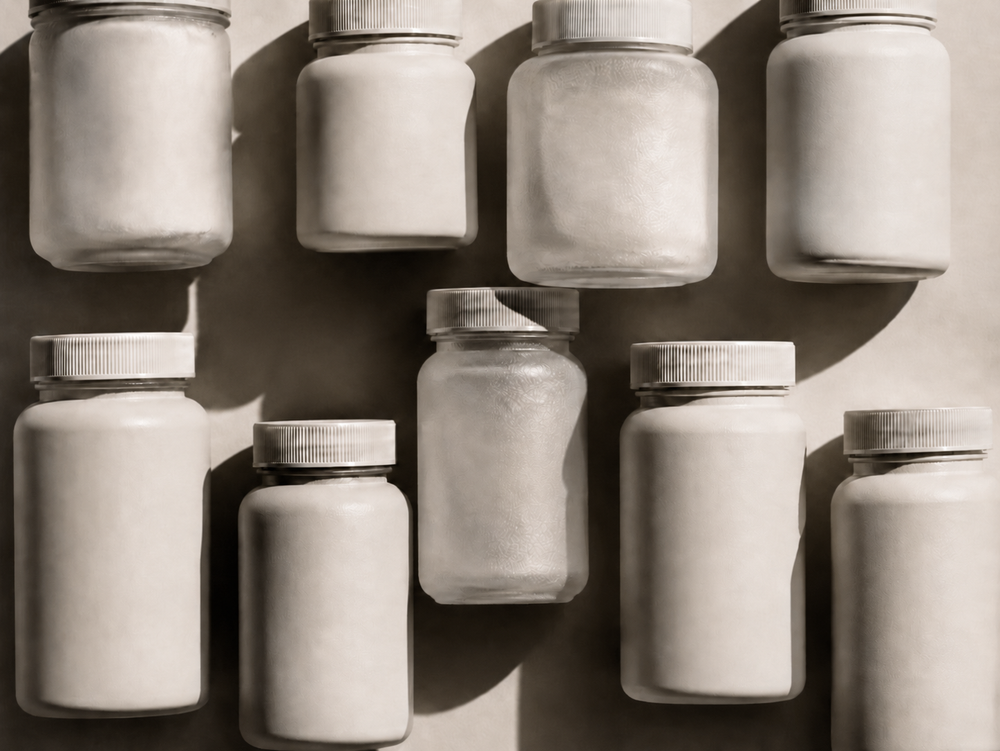 A crowded grid of plain supplement bottles seen from above