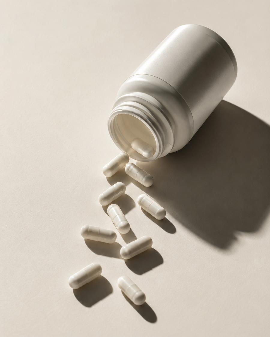A supplement bottle on its side with white capsules spilling from the neck