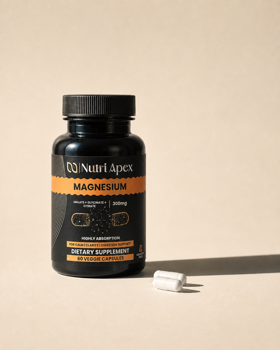 Nutri Apex Magnesium bottle beside two white capsules in morning light