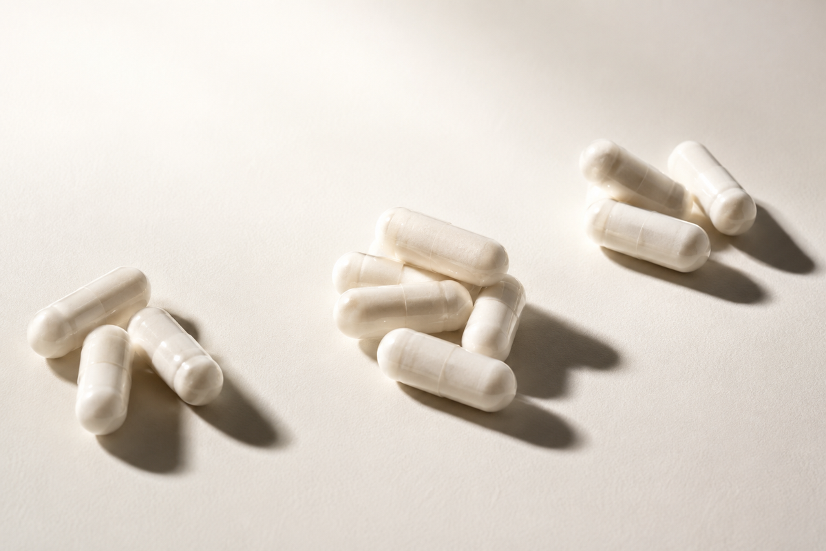 Three separate groupings of white capsules