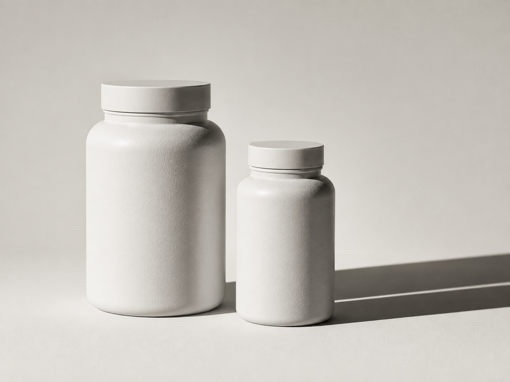 Two plain supplement bottles of different sizes casting long shadows