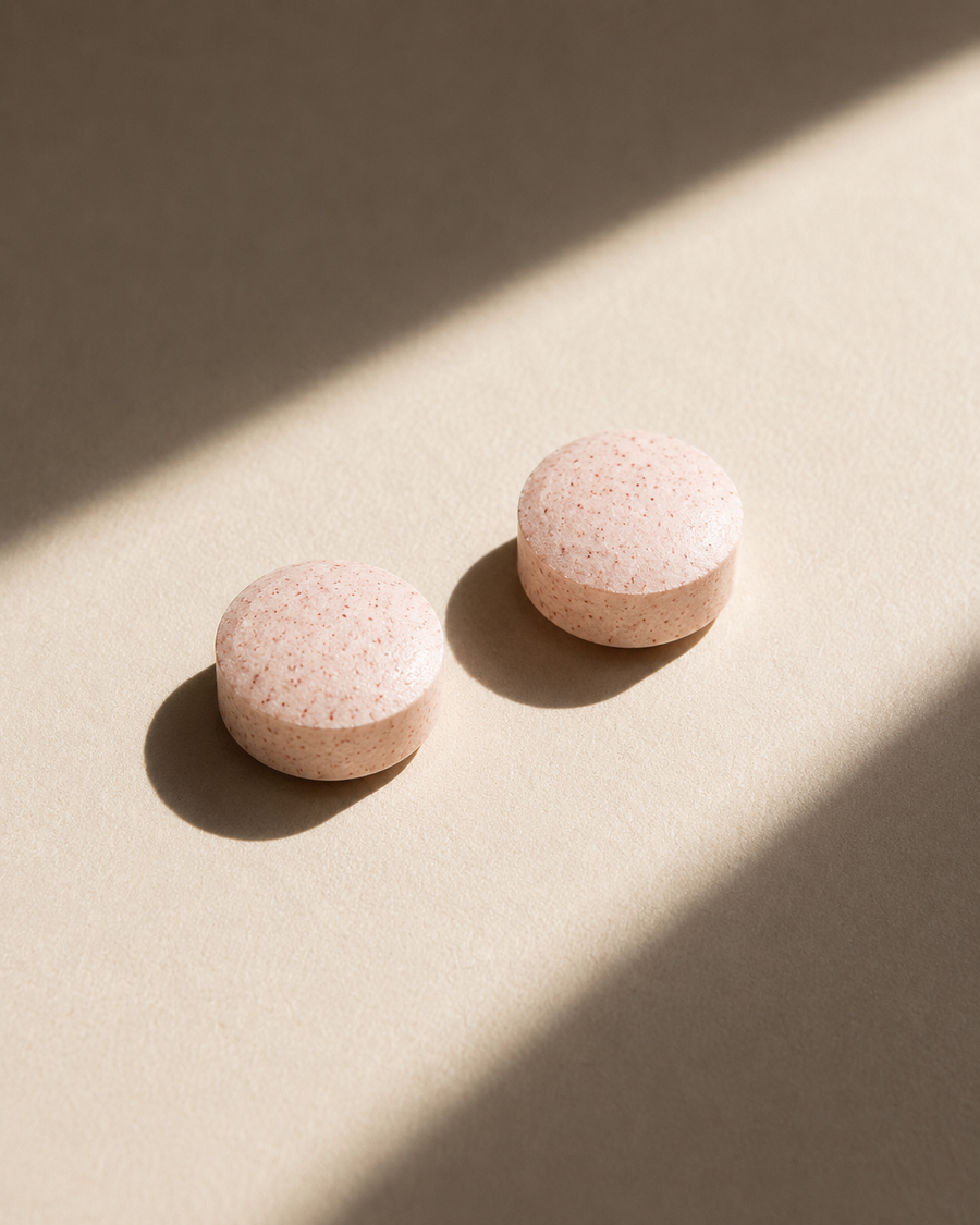 Two blush-pink tablets in a shaft of morning light