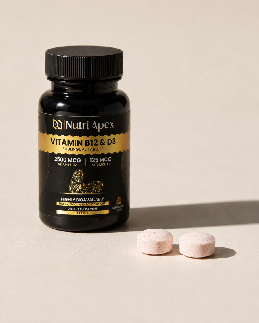 The B12 and D3 bottle beside two blush-pink tablets