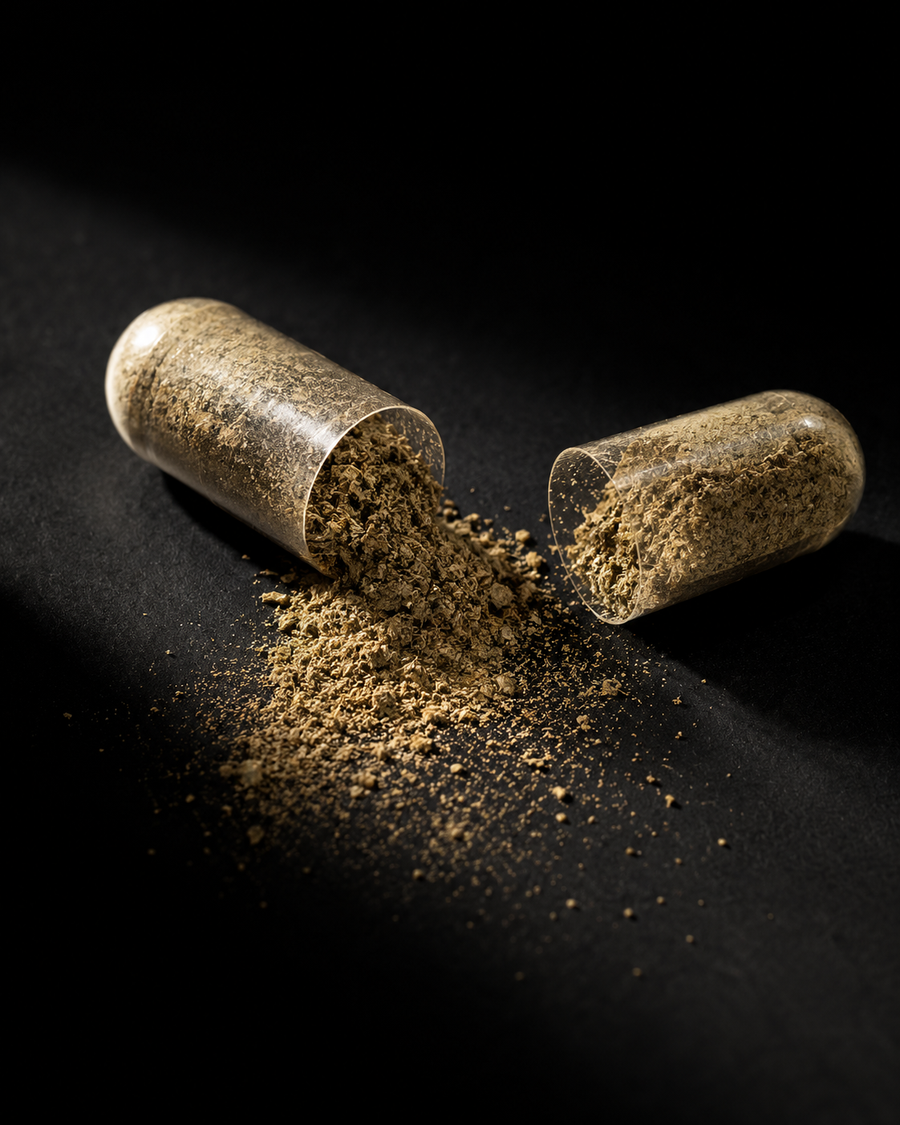 A veggie capsule pulled apart with botanical powder spilling out