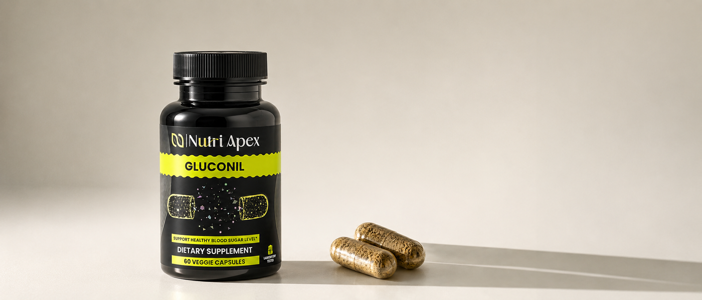 The Gluconil bottle beside two veggie capsules in hard morning light