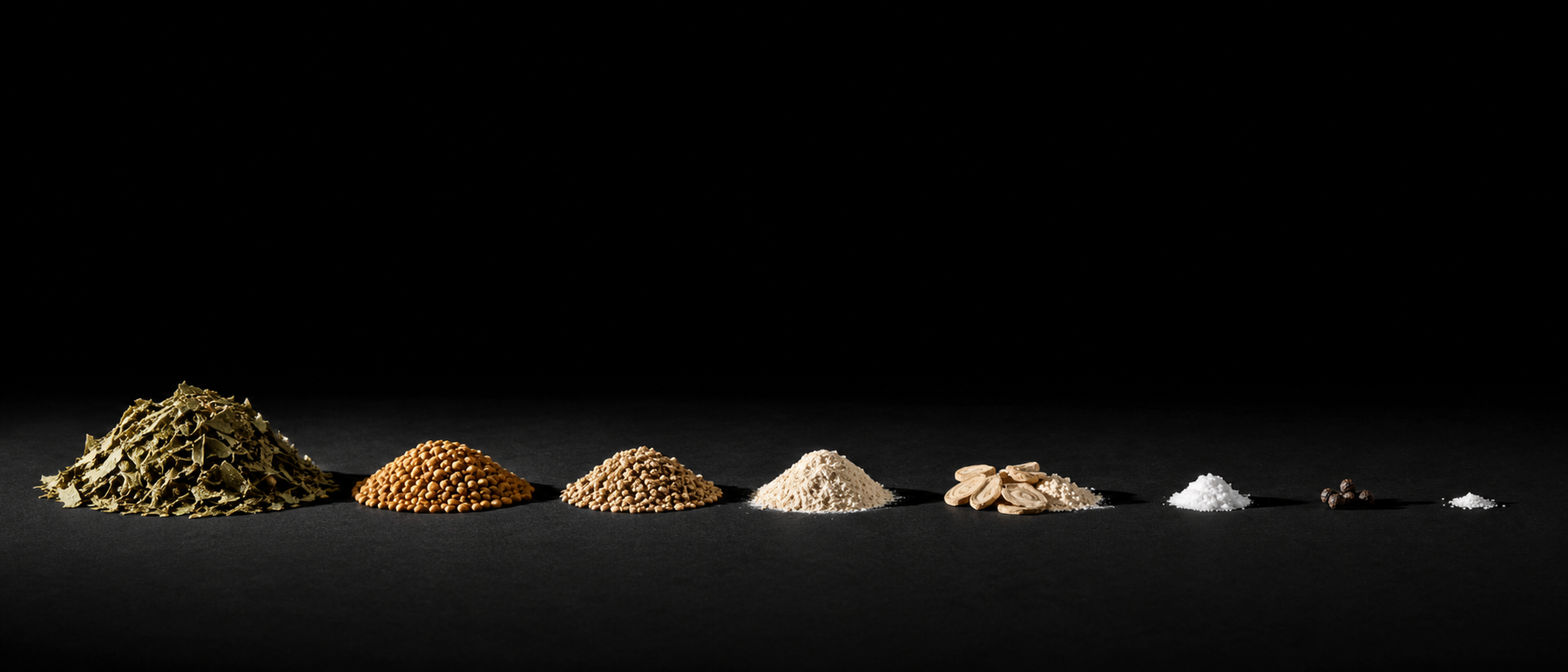 The eight ingredients weighed out in descending piles