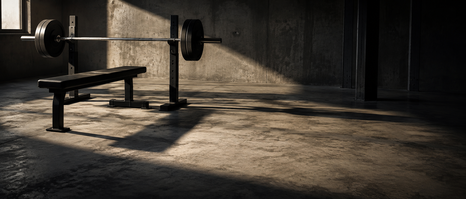 An empty bench and bare barbell at first light