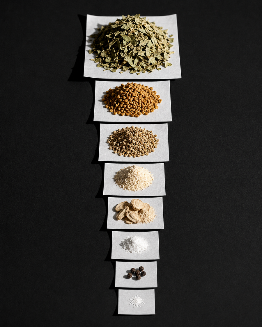 Eight ingredients weighed out in descending piles