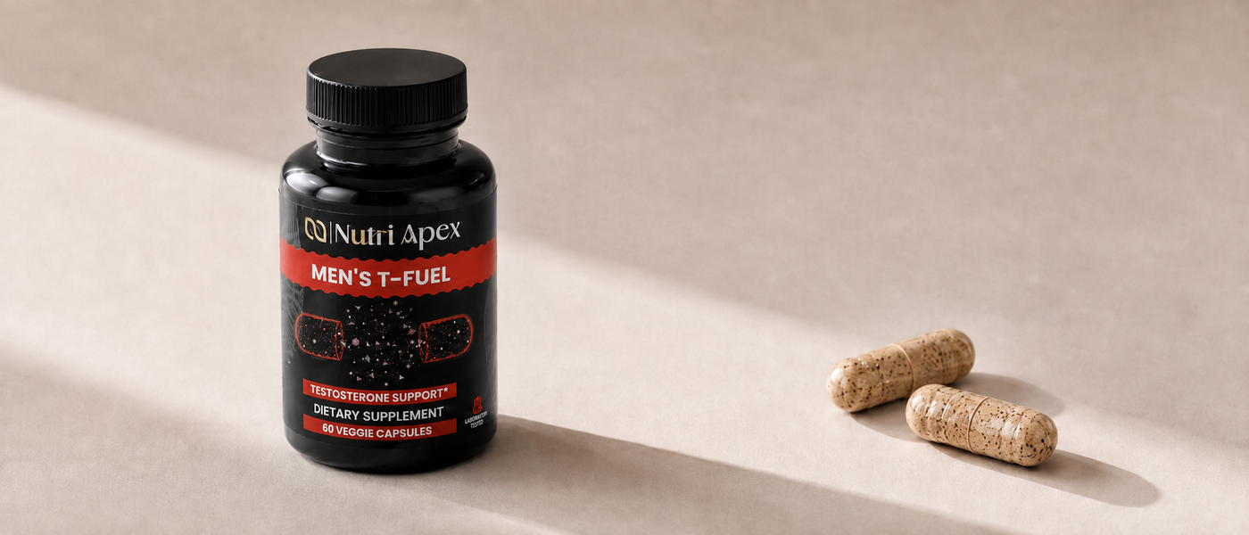 The Men's T-Fuel bottle beside two capsules in hard morning light